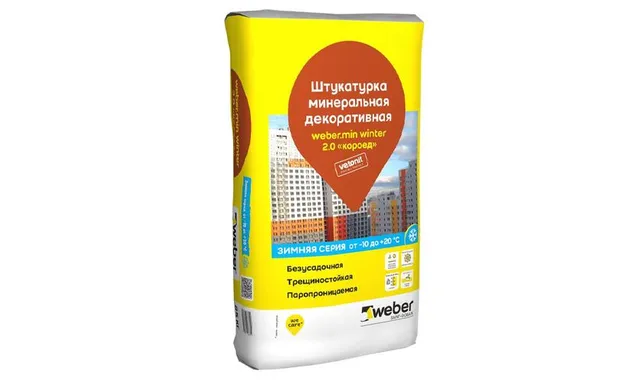 Декоративная минеральная штукатурка weber.min короед 2,0 мм, зимняя, 25 кг